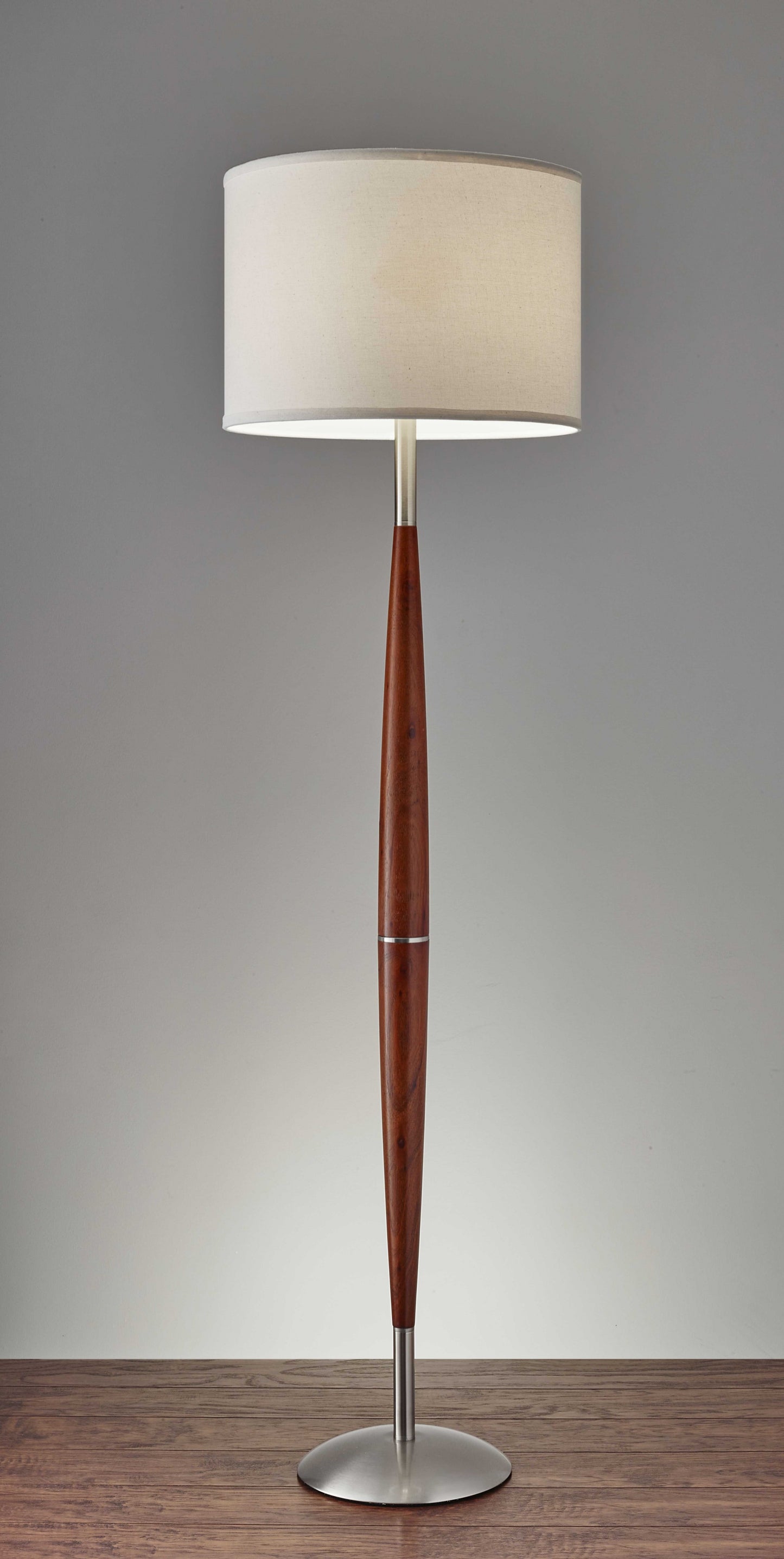 61" Brown And White Solid Wood Floor Lamp With White Fabric Drum Shade