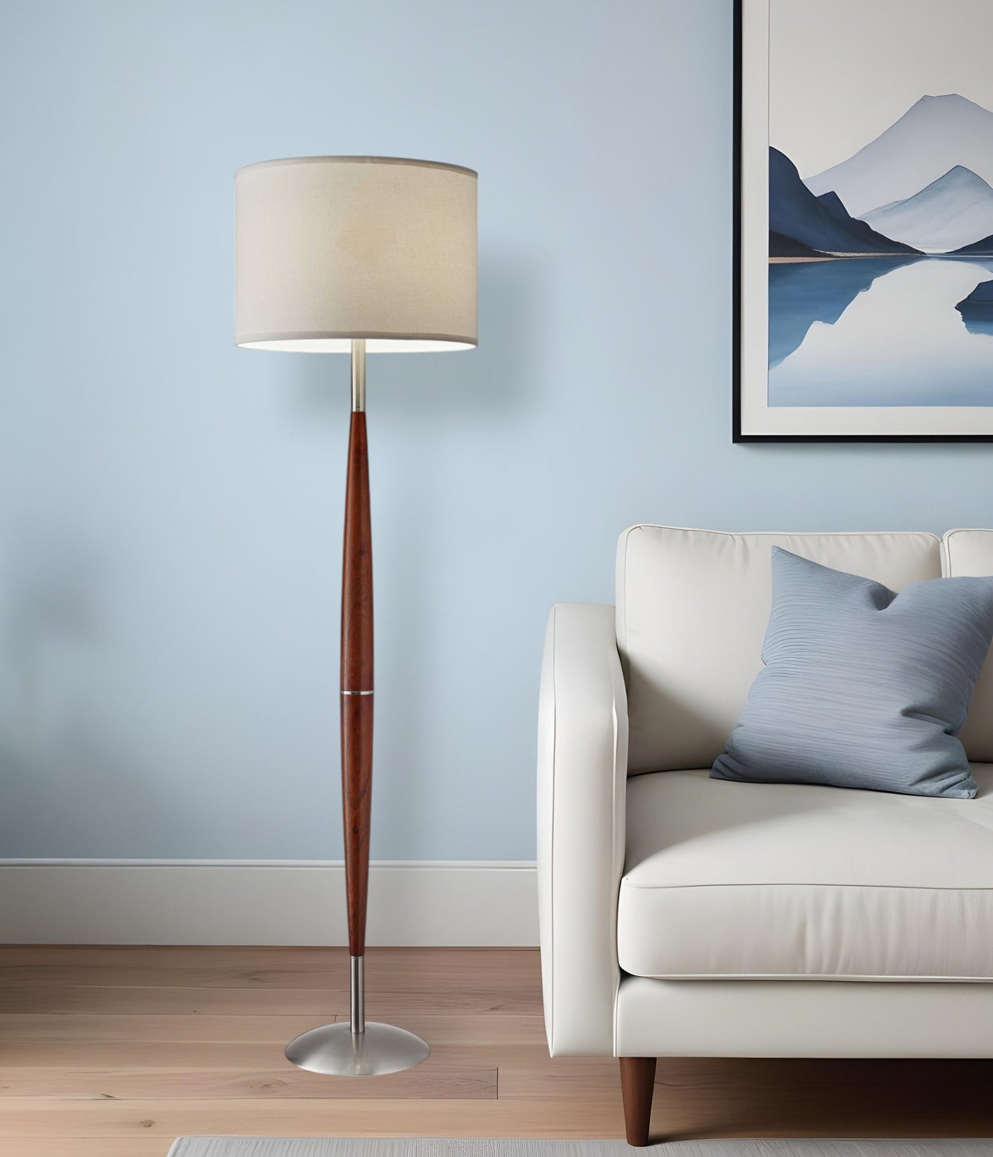 61" Brown And White Solid Wood Floor Lamp With White Fabric Drum Shade