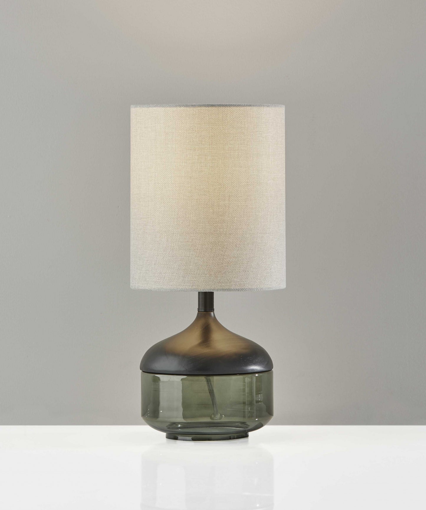 16" Black And Dark Green Wood And Smoked Glass Table Lamp With Beige Drum Shade