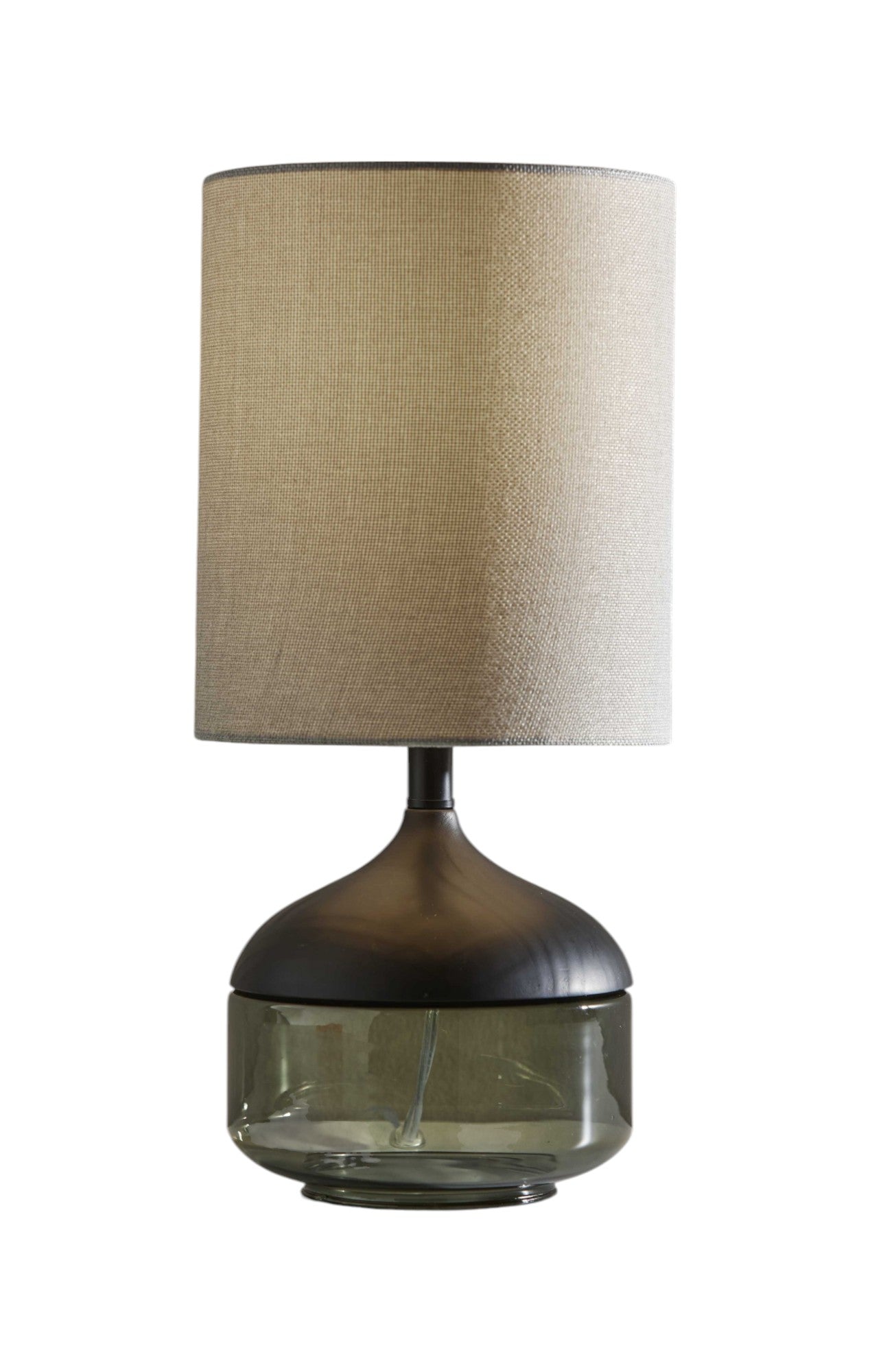 16" Black And Dark Green Wood And Smoked Glass Table Lamp With Beige Drum Shade