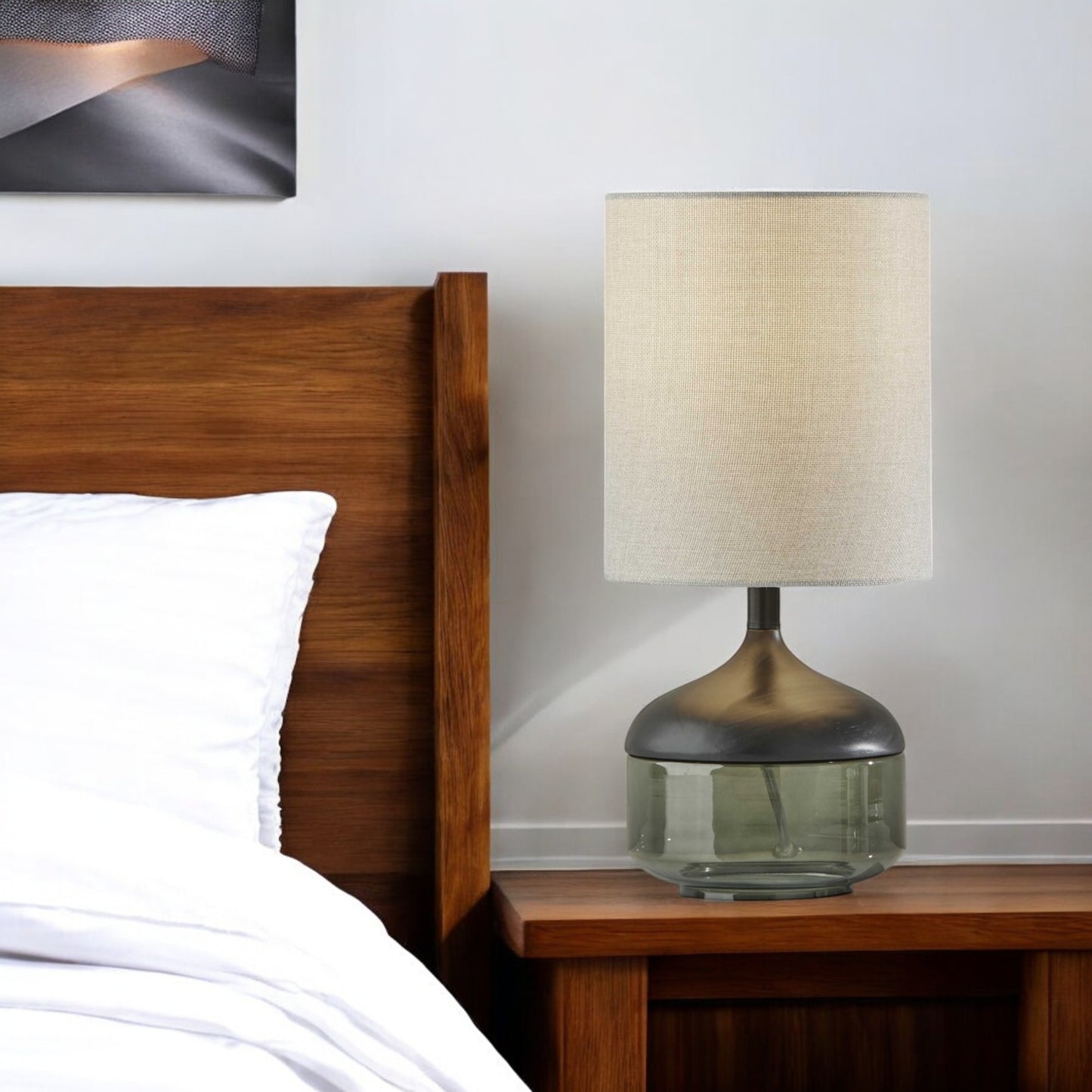 16" Black And Dark Green Wood And Smoked Glass Table Lamp With Beige Drum Shade