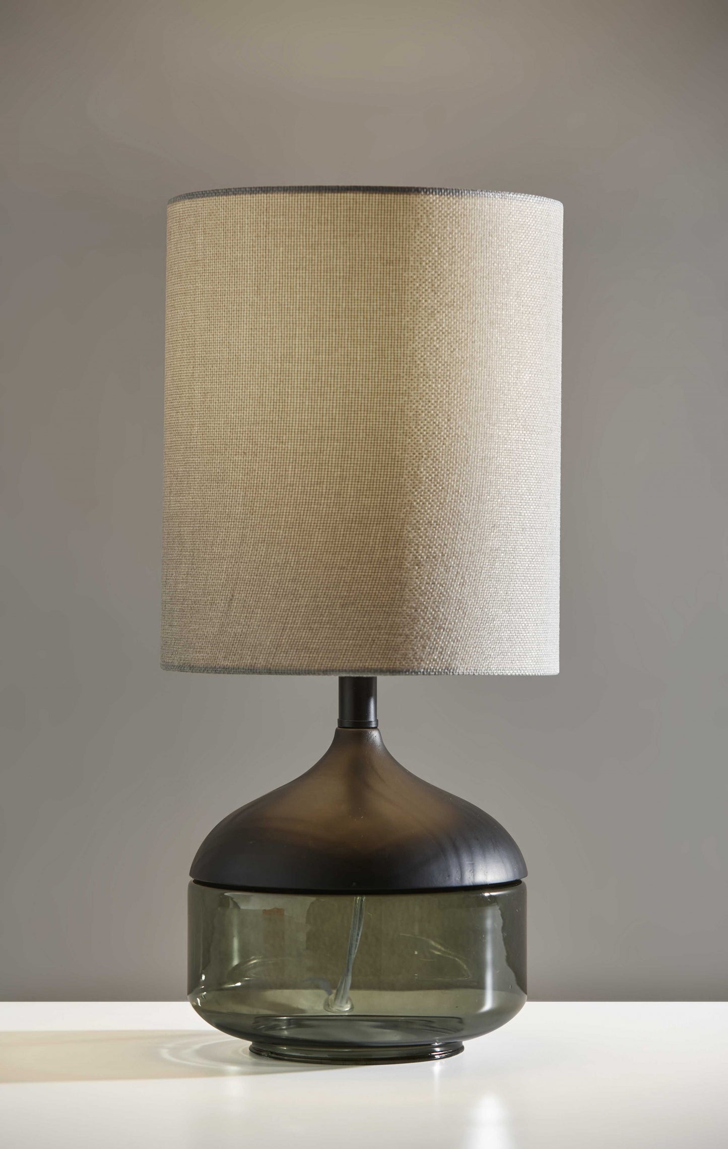 16" Black And Dark Green Wood And Smoked Glass Table Lamp With Beige Drum Shade
