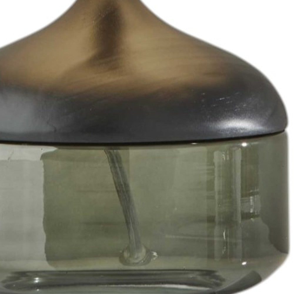 16" Black And Dark Green Wood And Smoked Glass Table Lamp With Beige Drum Shade