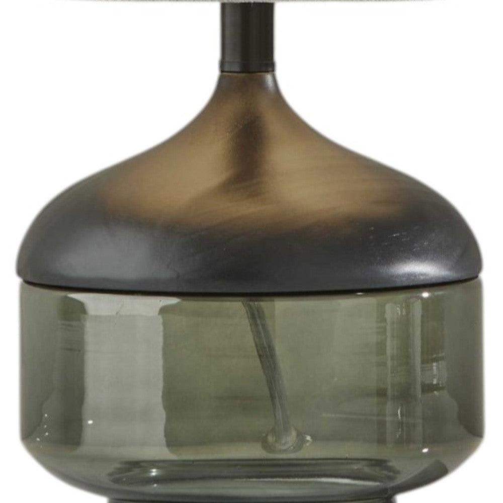 16" Black And Dark Green Wood And Smoked Glass Table Lamp With Beige Drum Shade