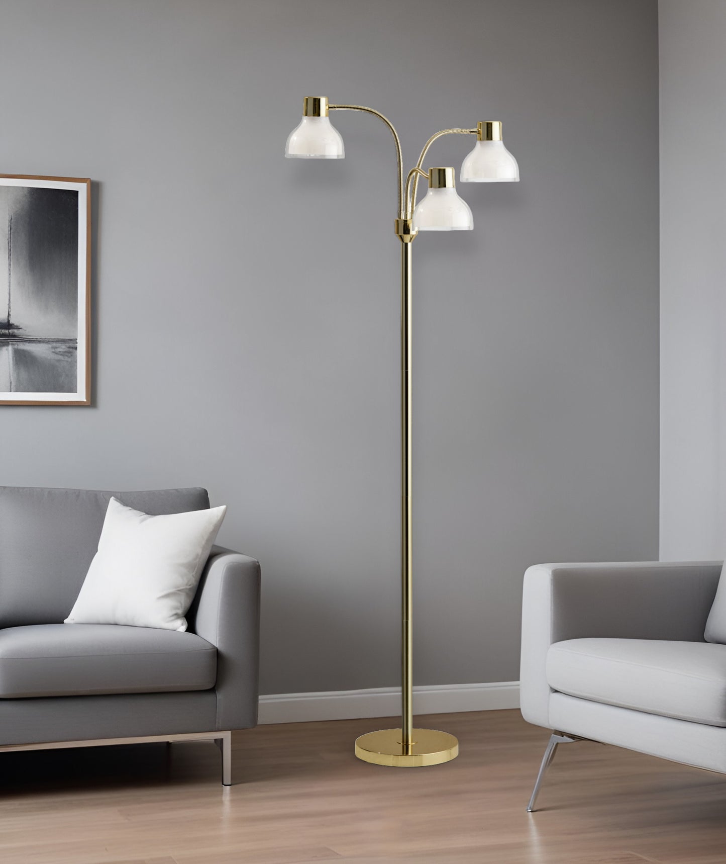 69" Gold Three Light Tree Floor Lamp With Clear Plastic Bowl Shade
