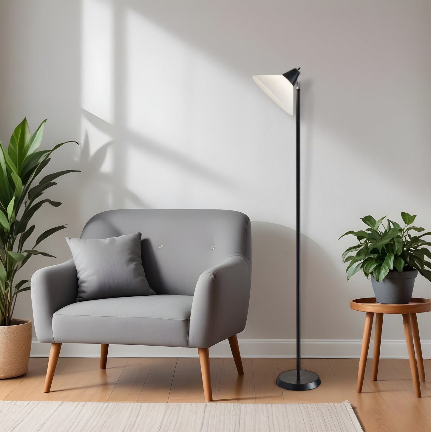 72" Black And White Floor Lamp With White Plastic Cone Shade