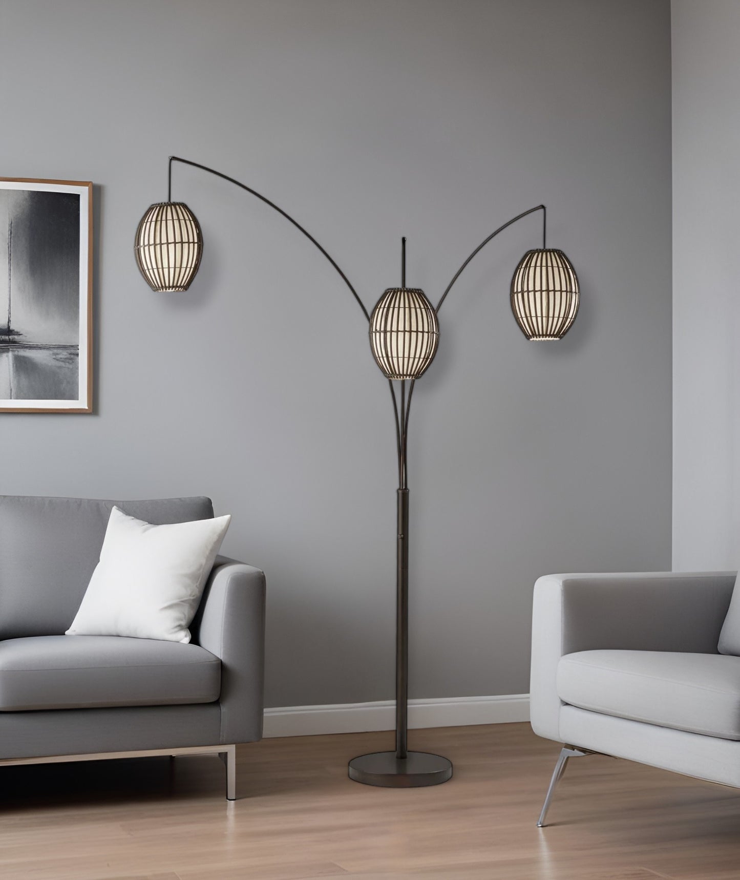 82" Bronze Three Light Tree Floor Lamp With Beige Wicker Cage Shade