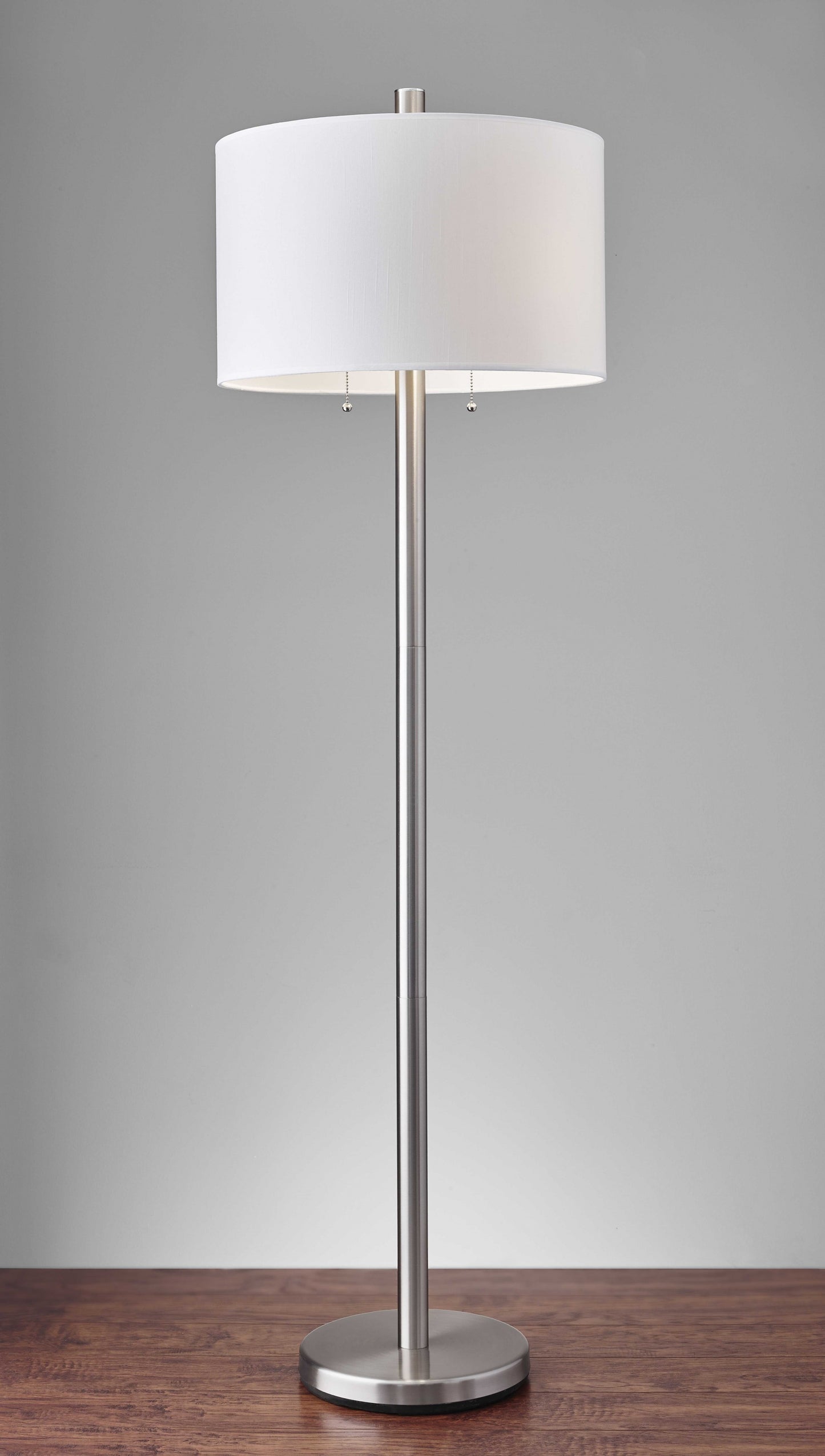 61" Silver Two Light Floor Lamp With White Fabric Drum Shade