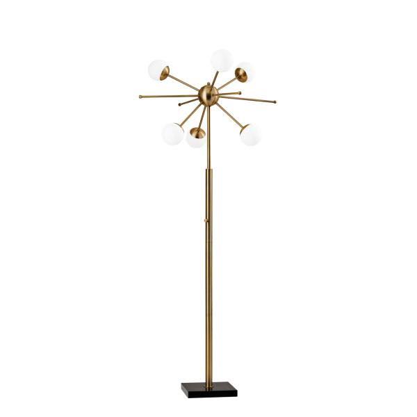 64" Brass Six Light LED Novelty Floor Lamp With White Glass Globe Shade