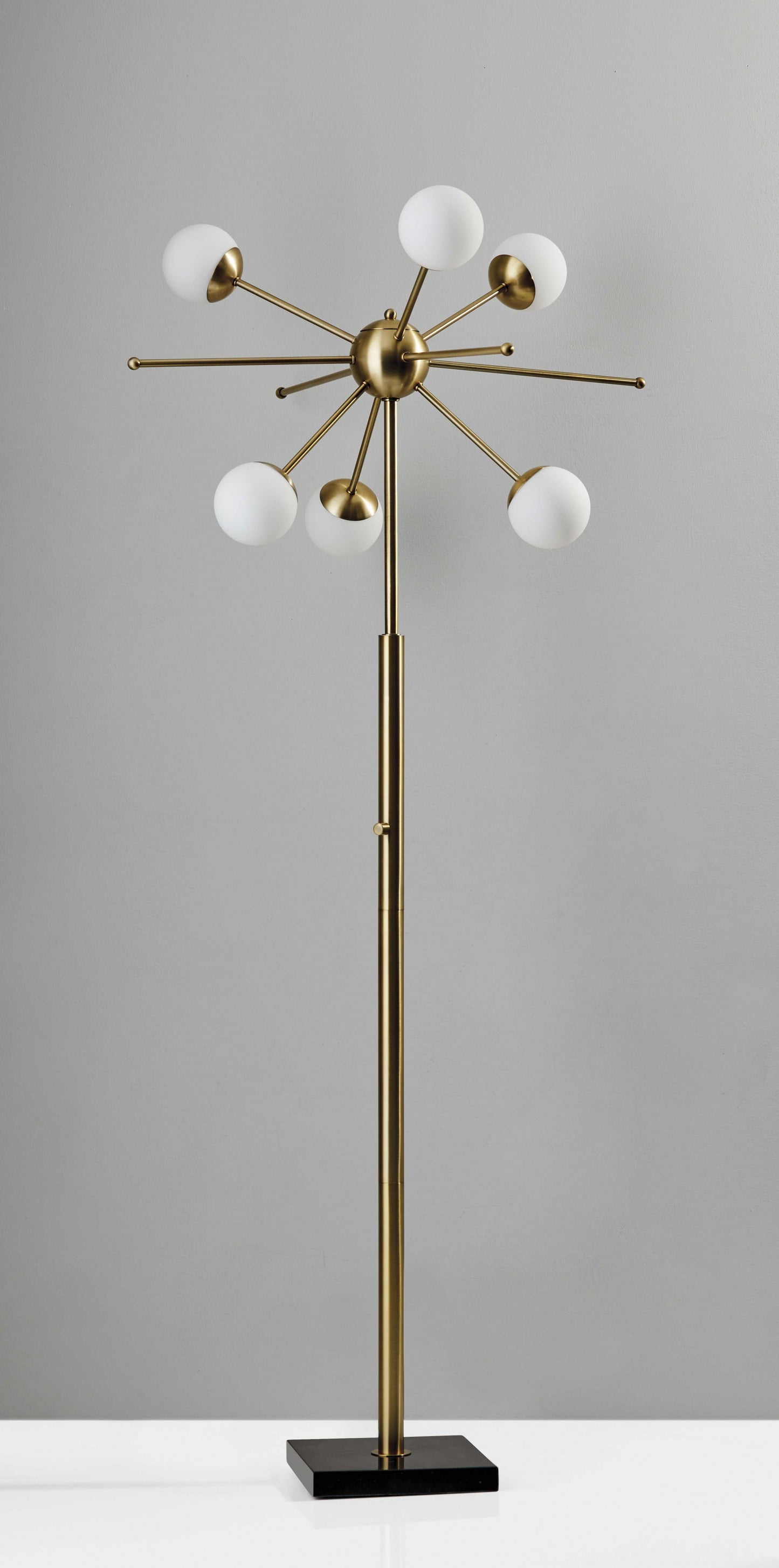 64" Brass Six Light LED Novelty Floor Lamp With White Glass Globe Shade
