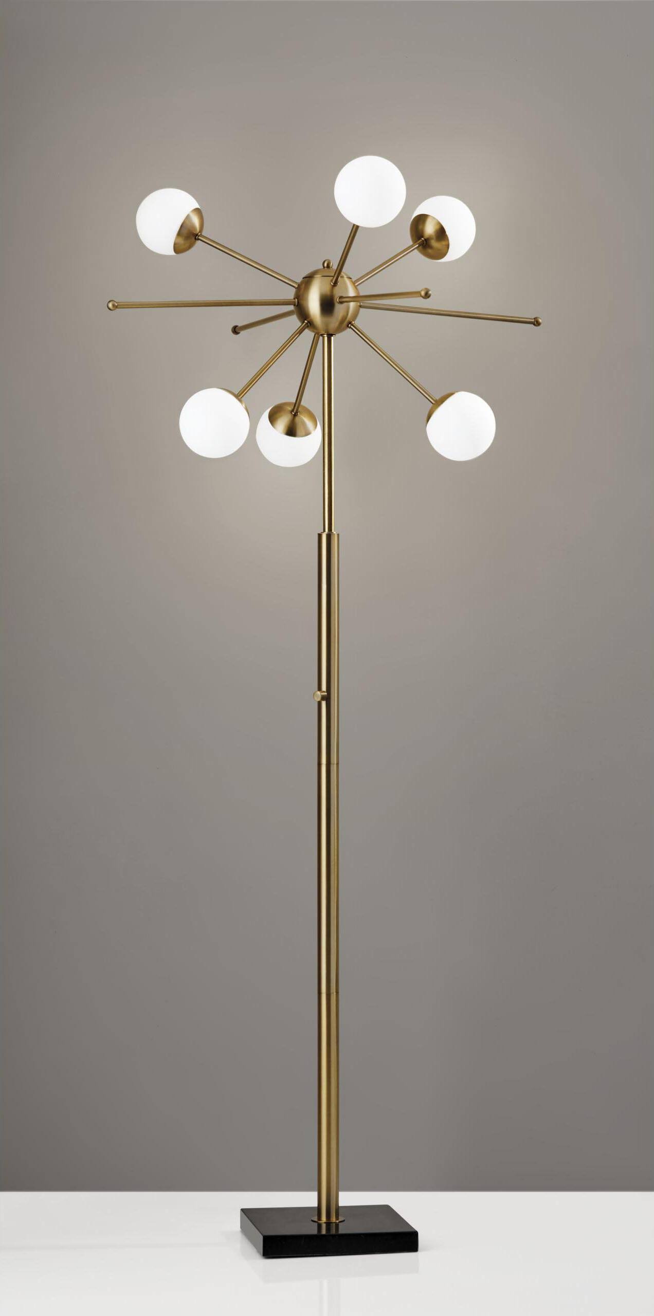 64" Brass Six Light LED Novelty Floor Lamp With White Glass Globe Shade