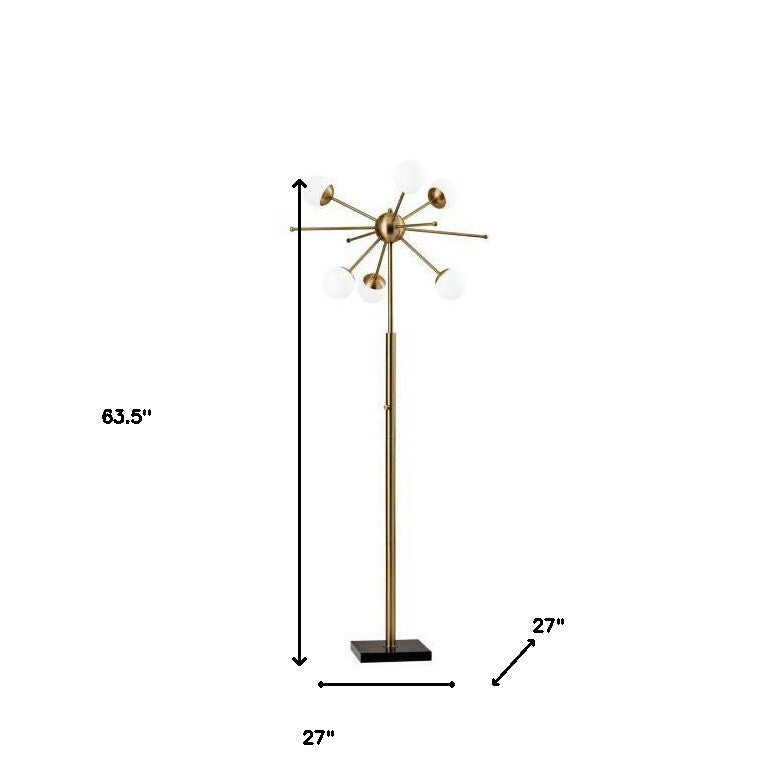 64" Brass Six Light LED Novelty Floor Lamp With White Glass Globe Shade