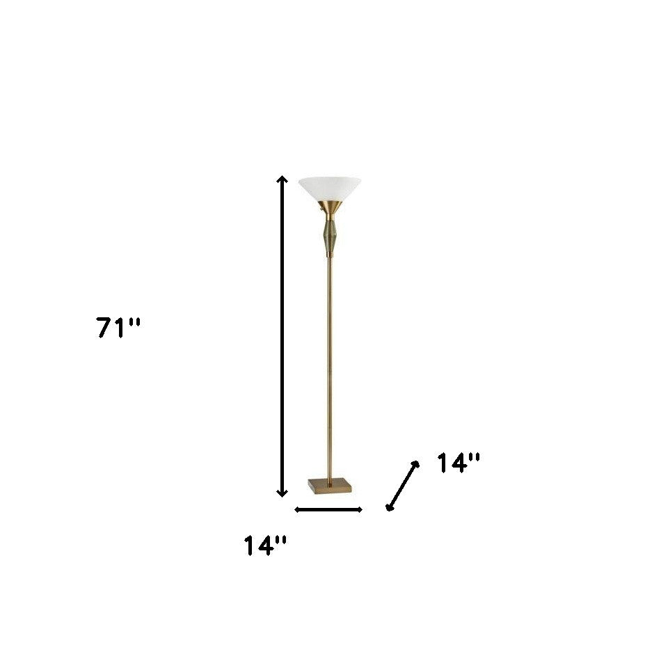 71" Brass Light Changing Torchiere Floor Lamp With White Fabric Cone Shade