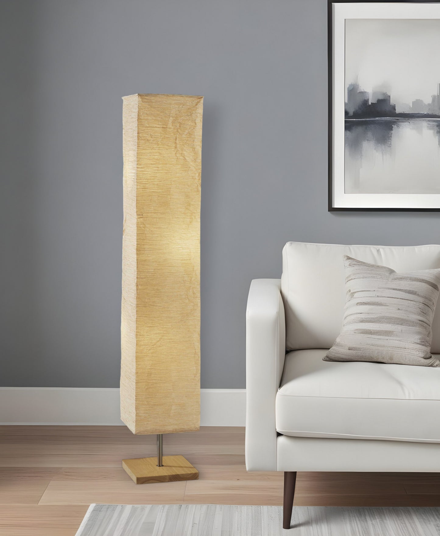 57" Brown And White Two Light Column Floor Lamp With White Paper Rectangular Shade