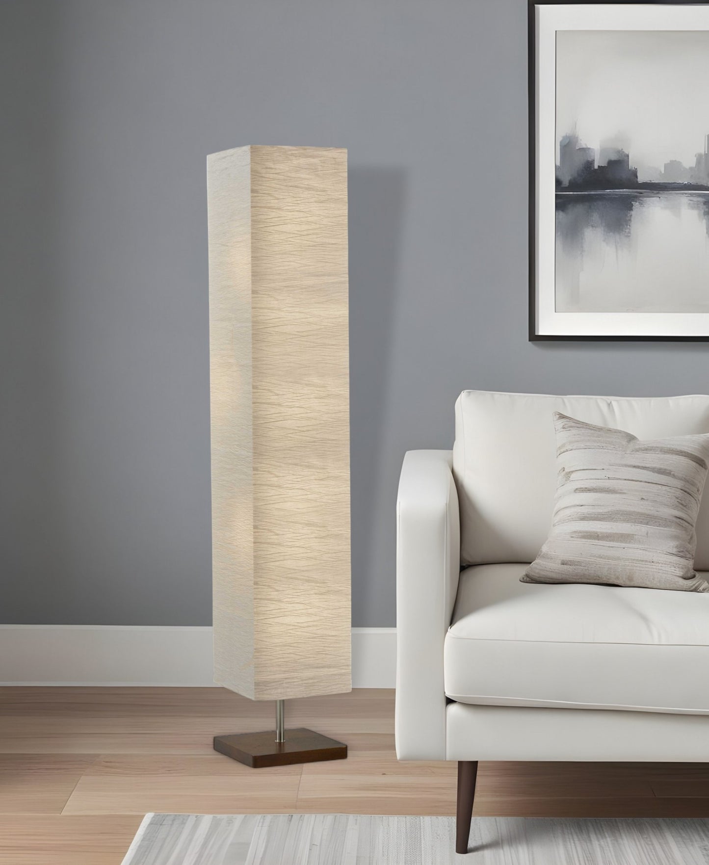 57" Brown And White Two Light Column Floor Lamp With White Paper Rectangular Shade