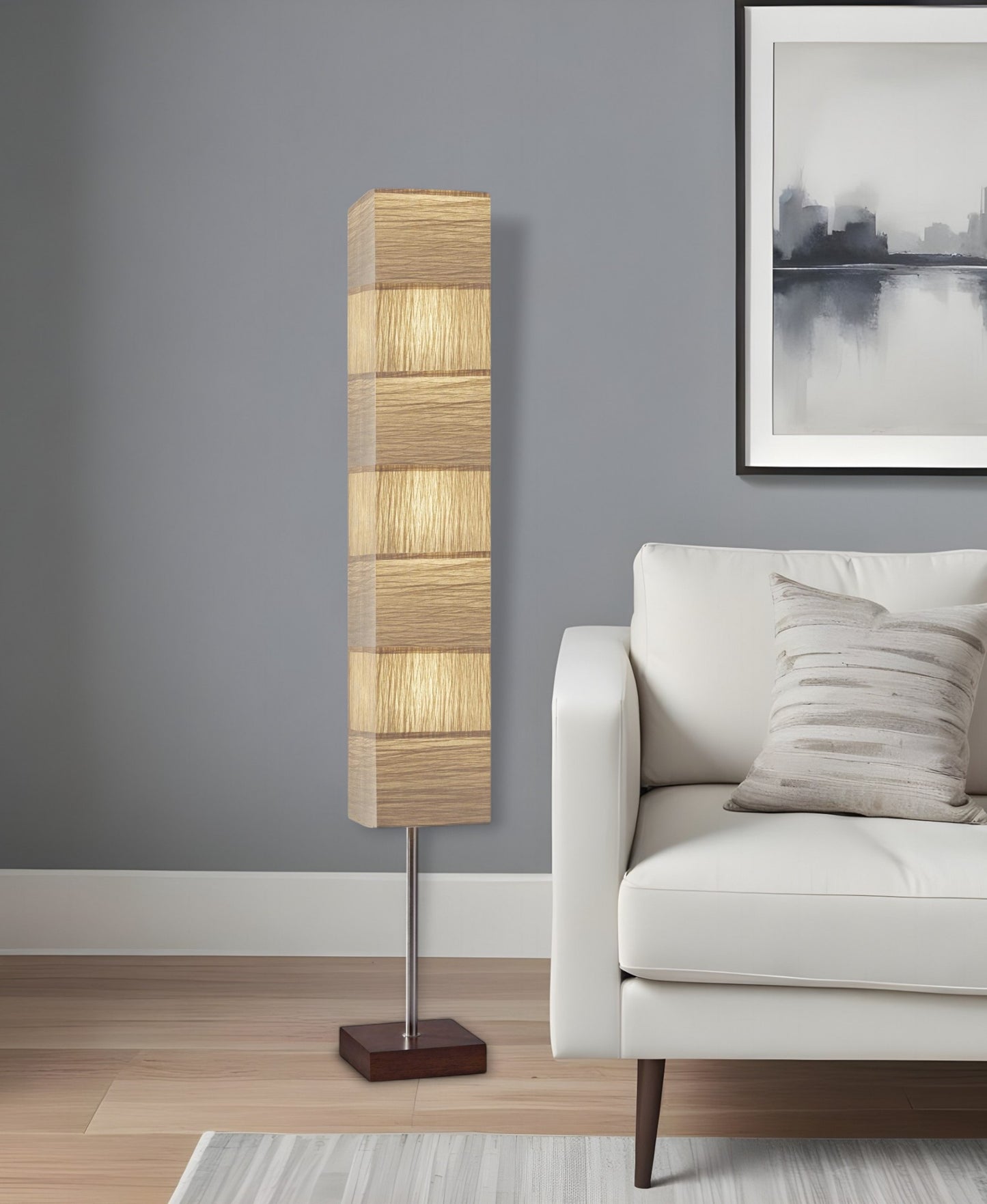 72" Brown And Silver Three Light Column Floor Lamp With Beige Paper Rectangular Shade