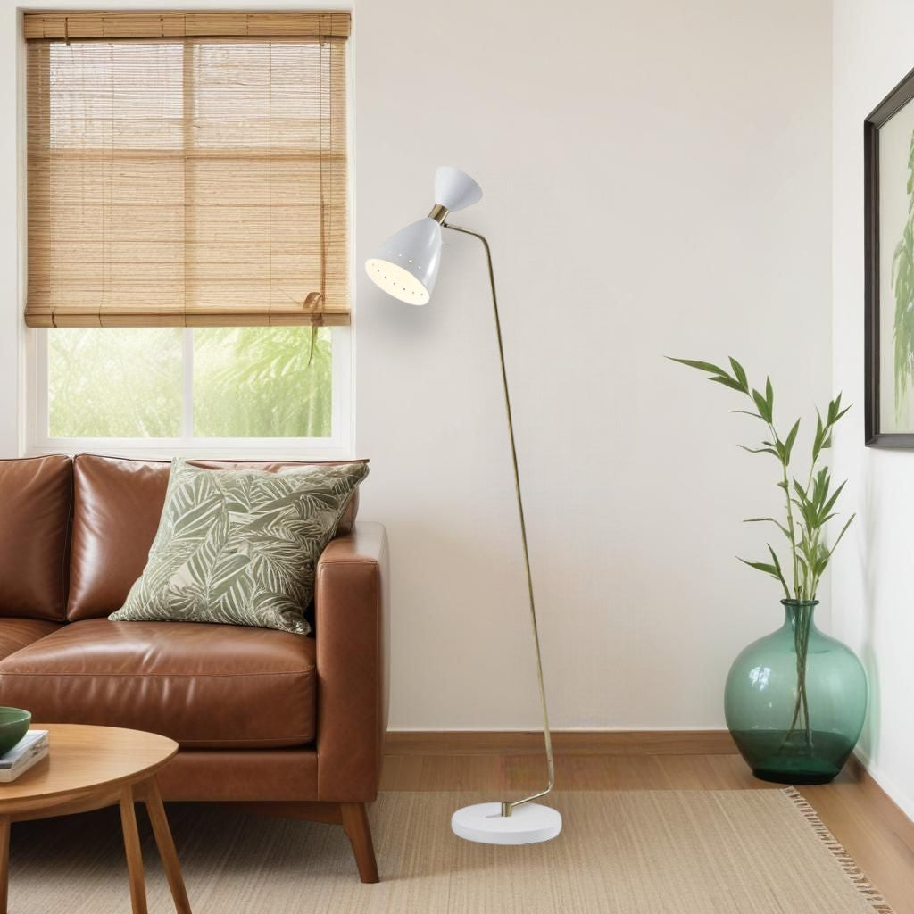 59" Gold And White Task Floor Lamp With White Metal Cone Shade