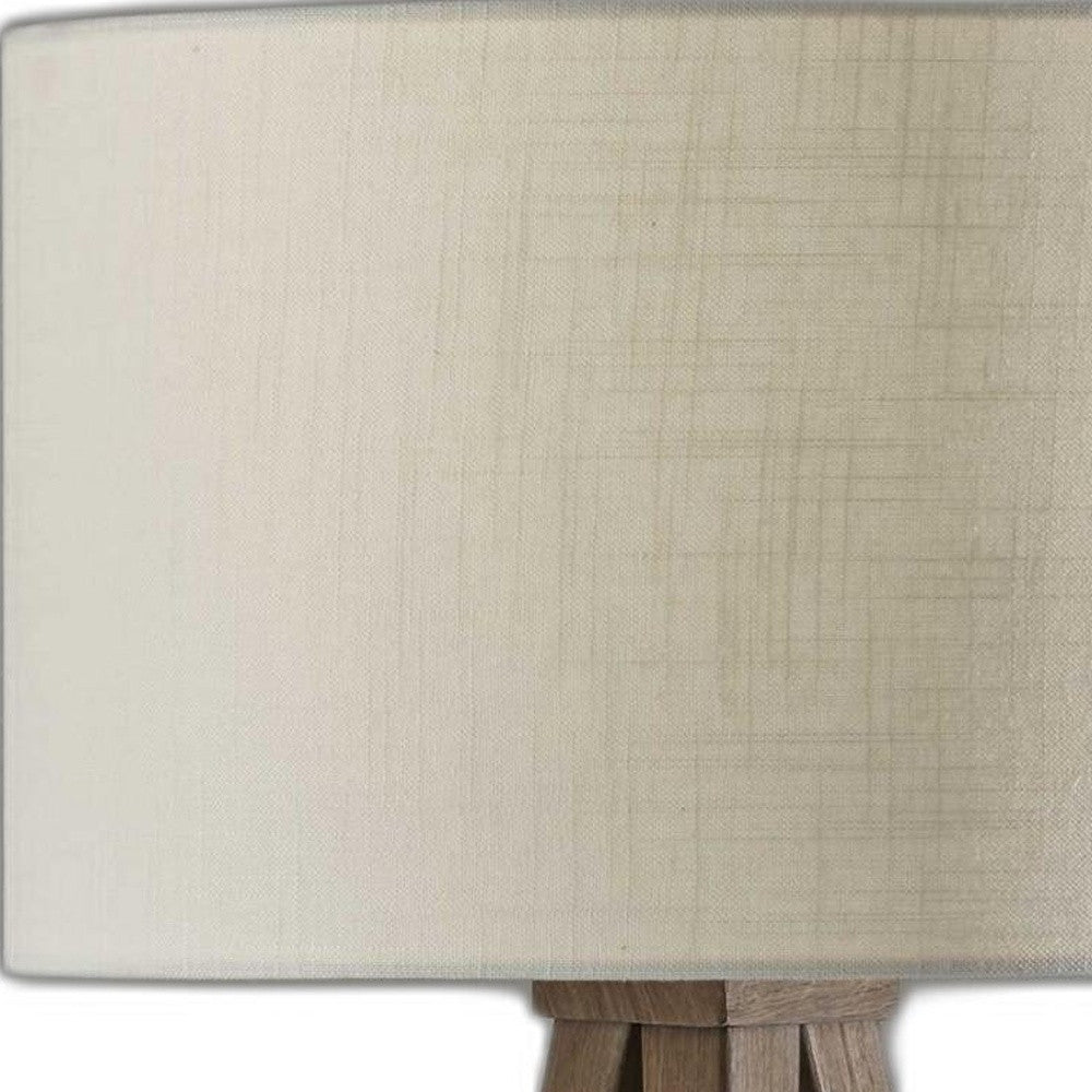26" Brown And White Tripod Floor Lamp With Brown Linen Drum Shade