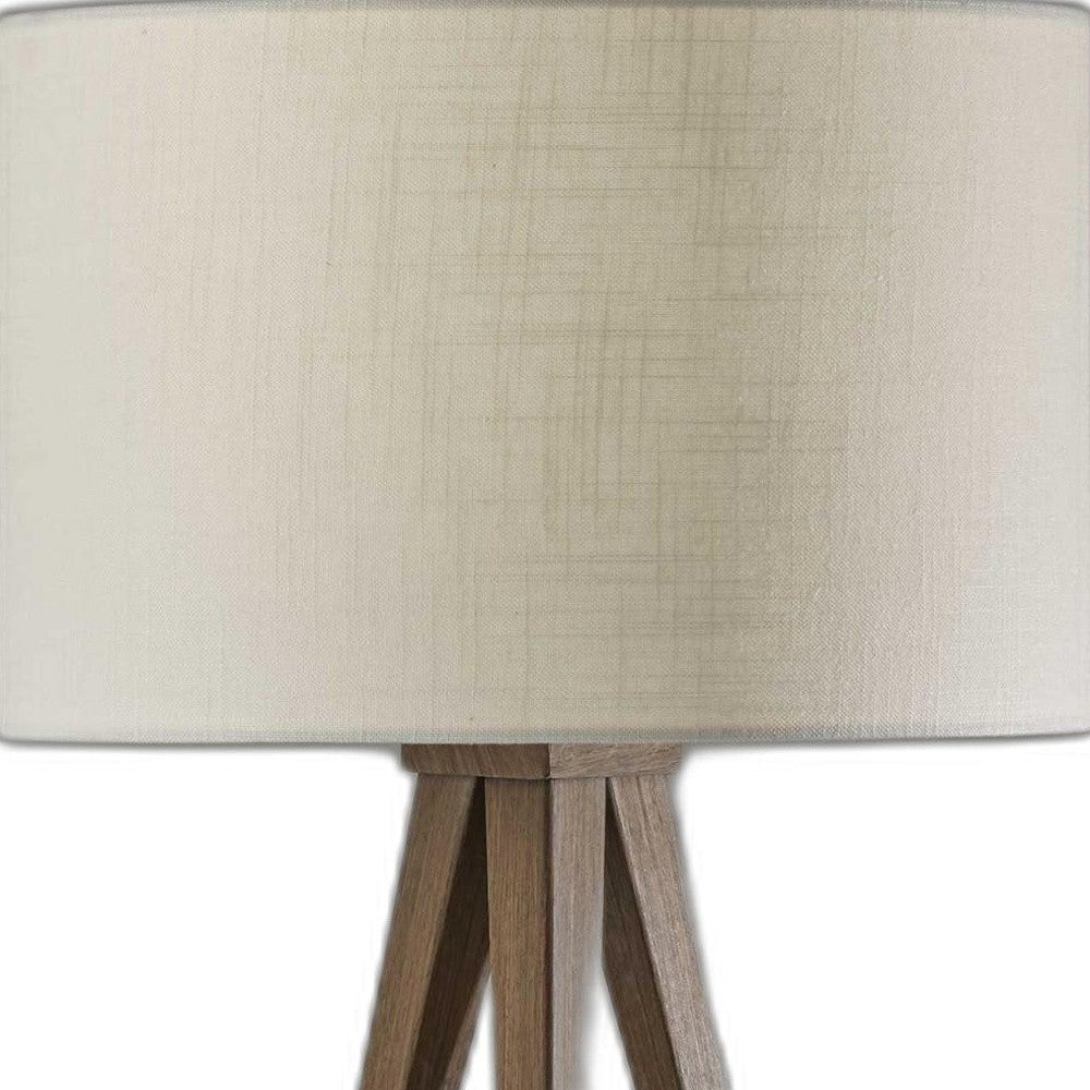 26" Brown And White Tripod Floor Lamp With Brown Linen Drum Shade