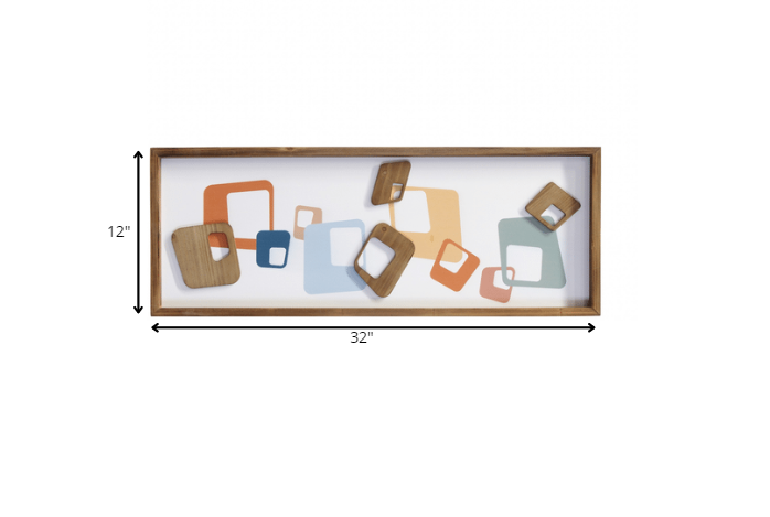 12" X 32" Blue Brown and Orange Abstract Geometric Wood Wall Decor