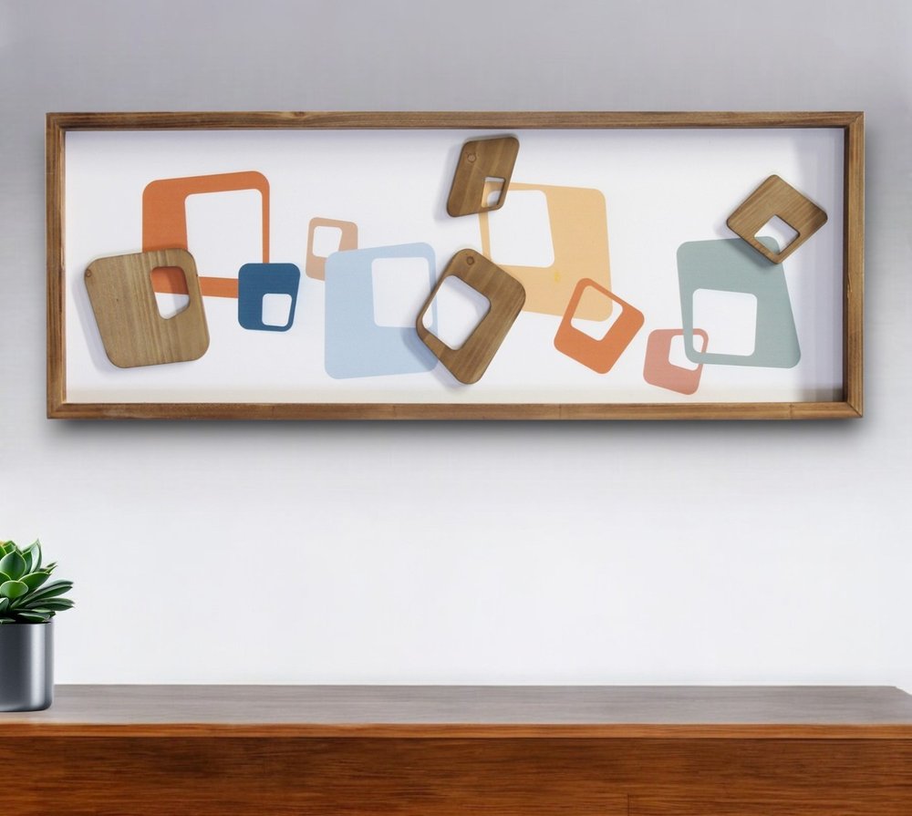 12" X 32" Blue Brown and Orange Abstract Geometric Wood Wall Decor