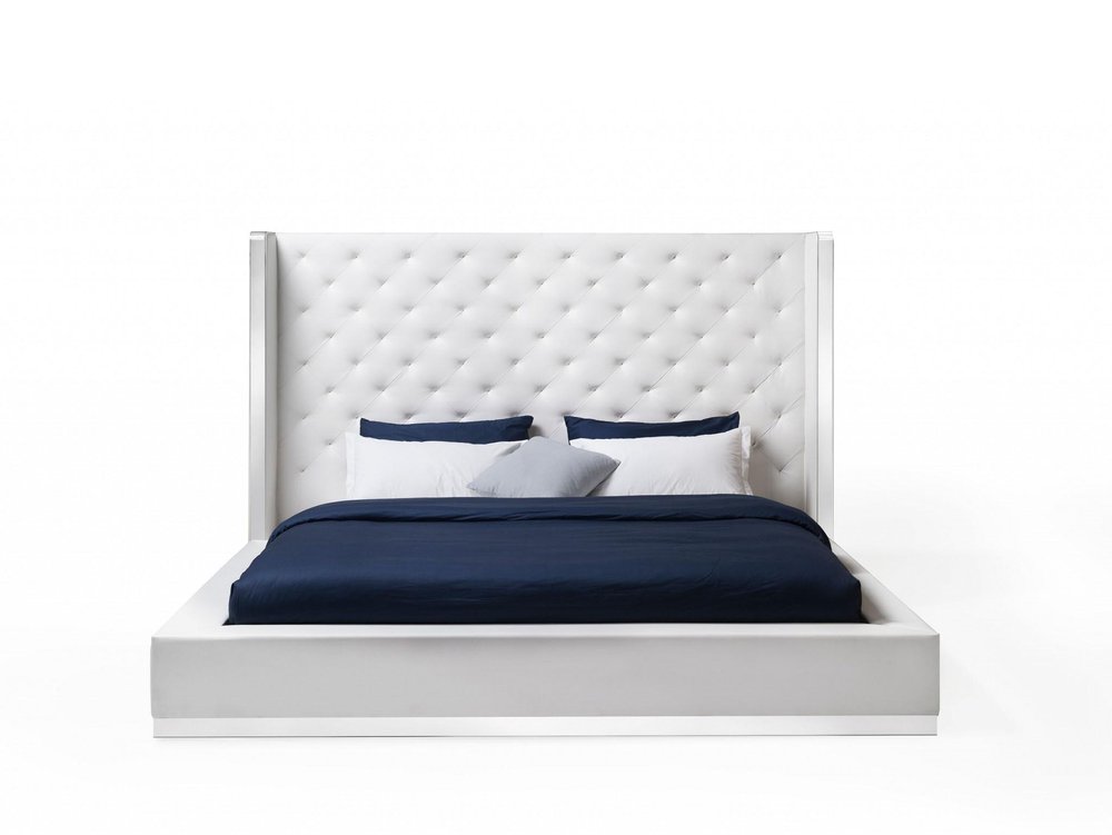White Tufted Faux Leather Upholstered King Bed Frame