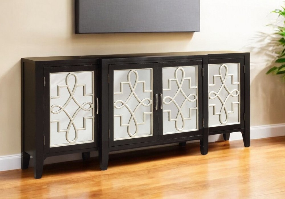 72" Gray And Silver Mirrored Wood Distressed Solid Console Table