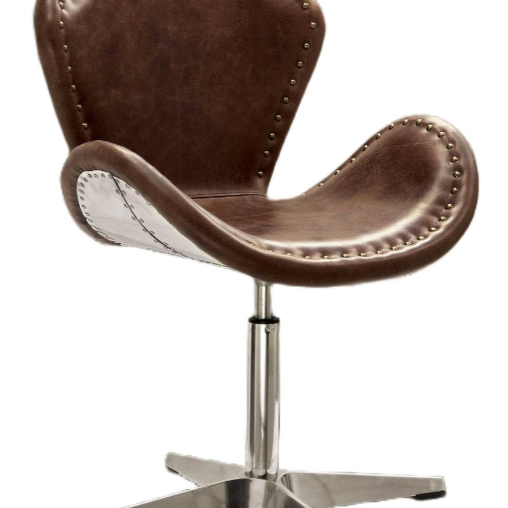 25" Brown and Silver Faux Leather Distressed Swivel Arm Chair
