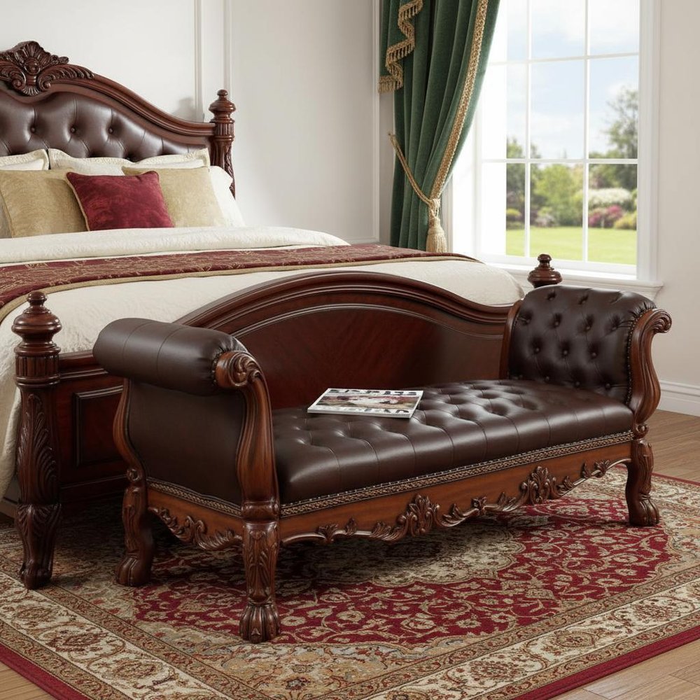 74" Bone And Gold Tufted Faux Leather And Solid Wood Upholstered Bench