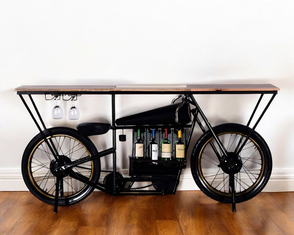 17" Black Metal and Solid Wood Motorcycle Bar Cart With Wine Storage