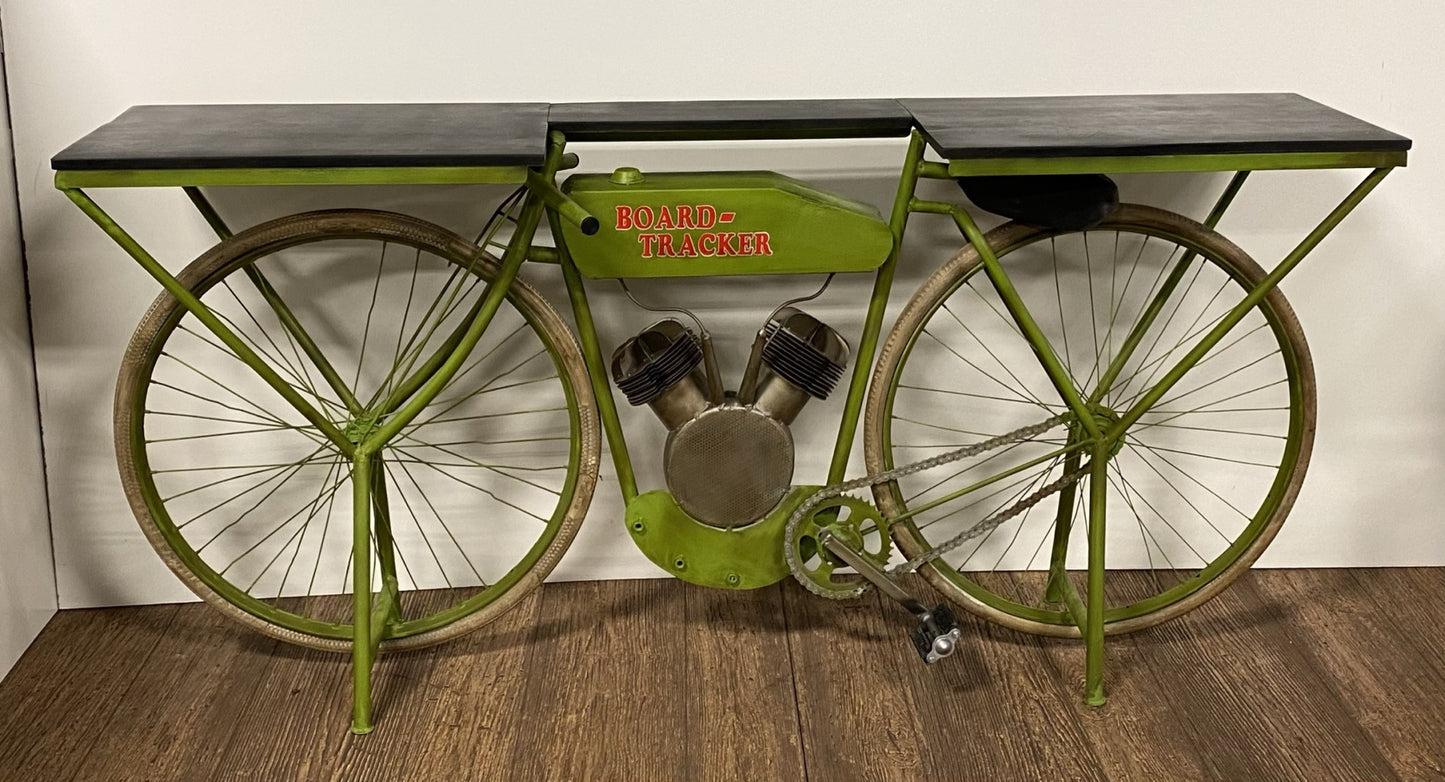 71" Brown and Green Solid Wood and Metal Bike Kitchen Cart