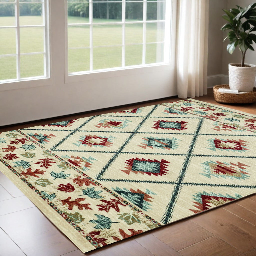 8' Ivory Red And Gray Southwestern Runner Rug