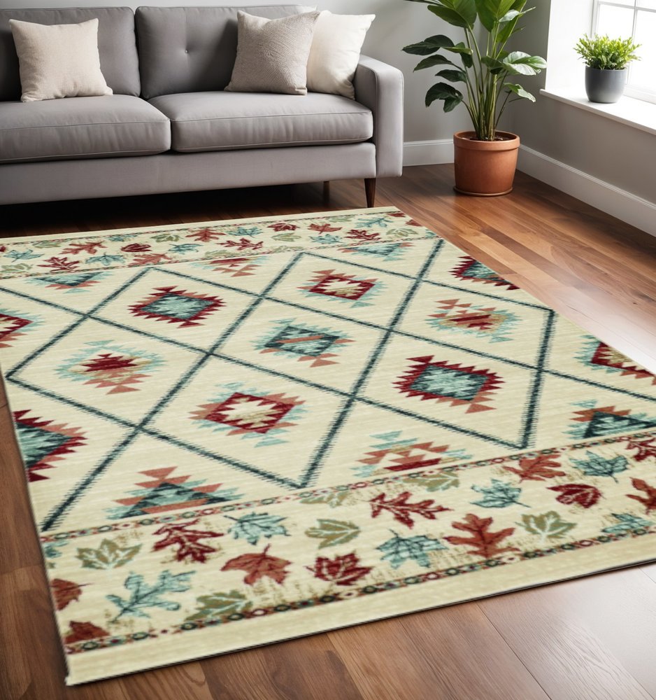 8' Ivory Red And Gray Southwestern Runner Rug