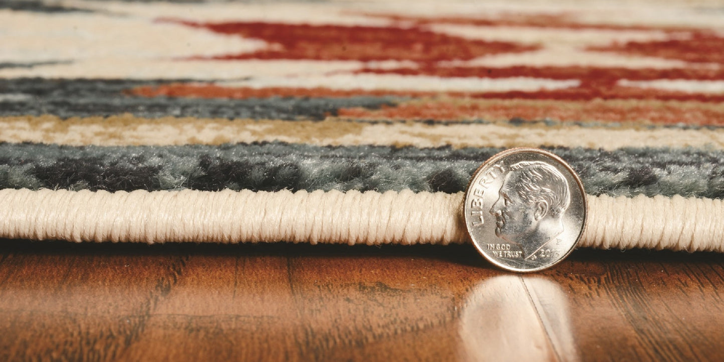 5' X 8' Ivory Green And Red Abstract Area Rug
