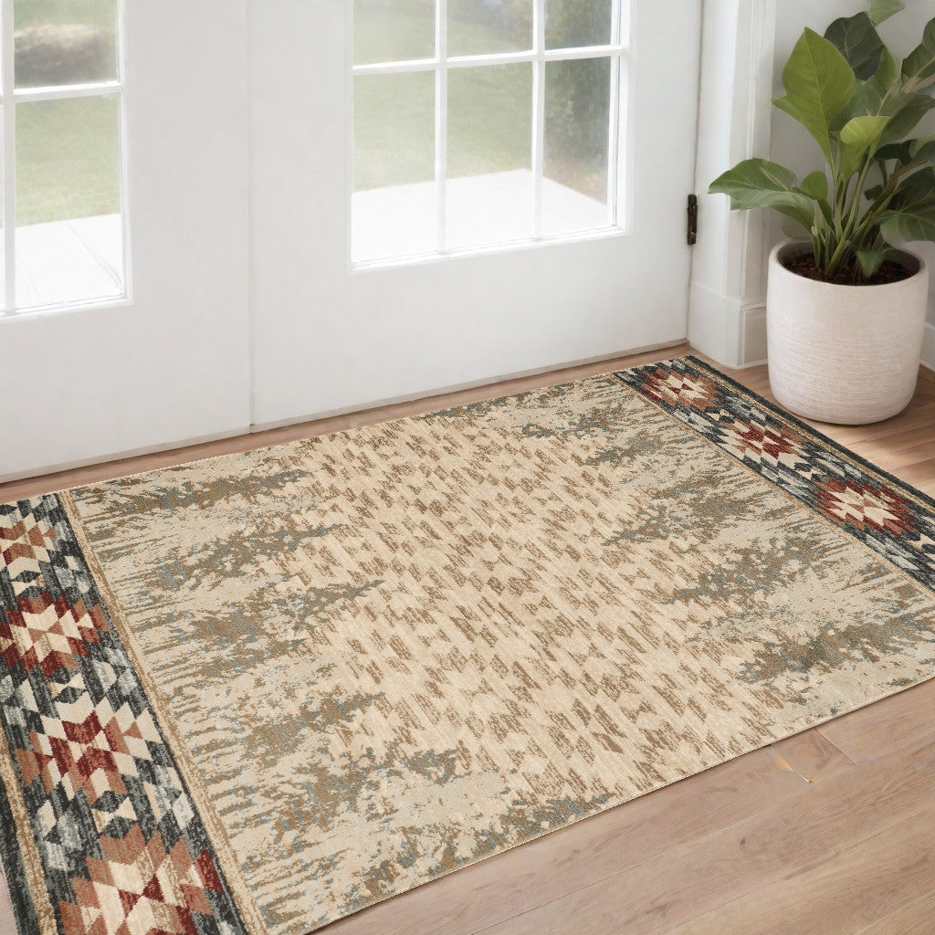 5' X 8' Ivory Green And Red Abstract Area Rug