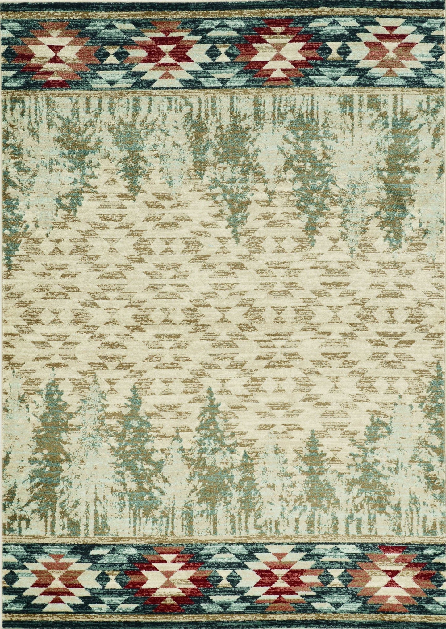 5' X 8' Ivory Green And Red Abstract Area Rug