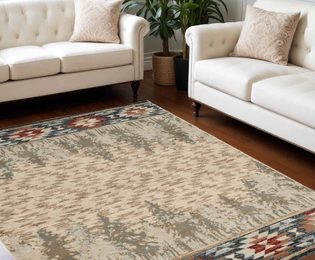 5' X 8' Ivory Green And Red Abstract Area Rug