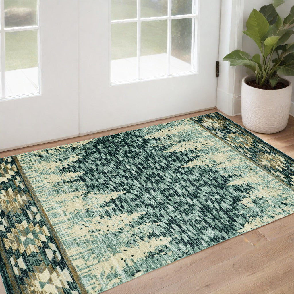5' X 8' Slate Blue And Ivory Southwestern Area Rug