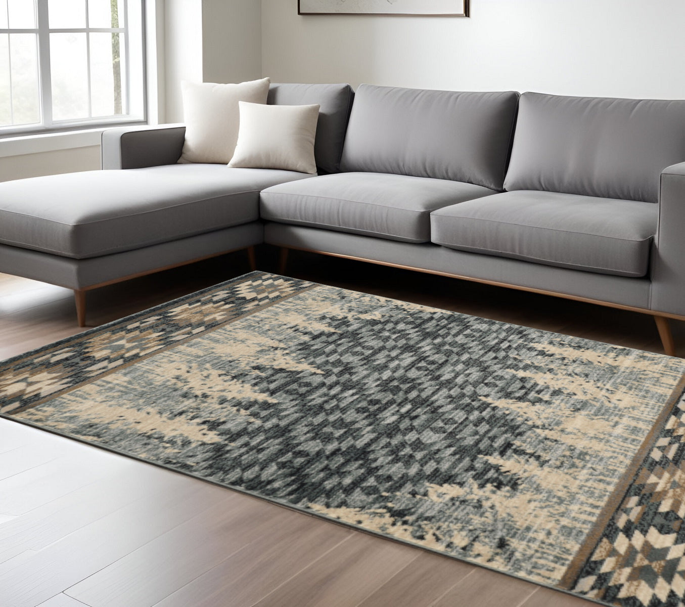 5' X 8' Slate Blue And Ivory Southwestern Area Rug