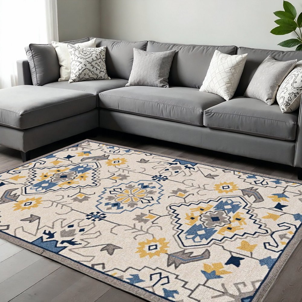 2' X 3' Ivory Blue And Yellow Southwestern Hand Tufted Area Rug