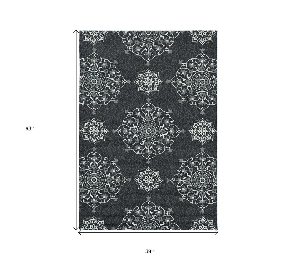 3' X 5' Charcoal Ivory And Gray Medallion Hand Tufted Area Rug