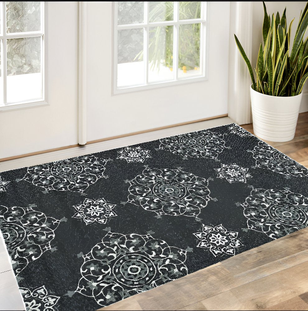 3' X 5' Charcoal Ivory And Gray Medallion Hand Tufted Area Rug
