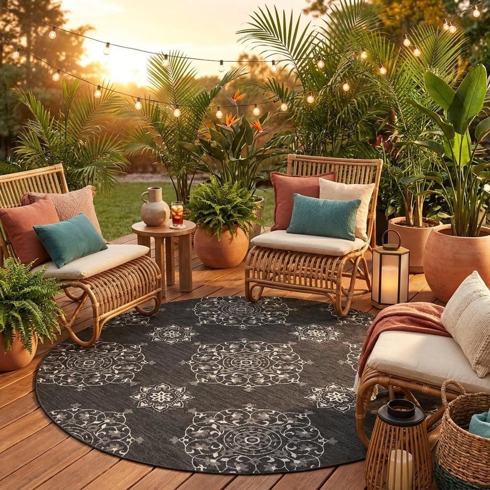 5' X 8' Charcoal Round Floral Indoor Outdoor Area Rug