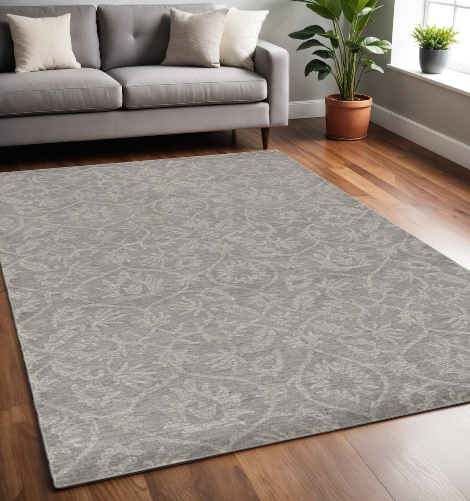 7' X 10' Gray And Light Gray Wool Floral Medallion Hand Tufted Area Rug