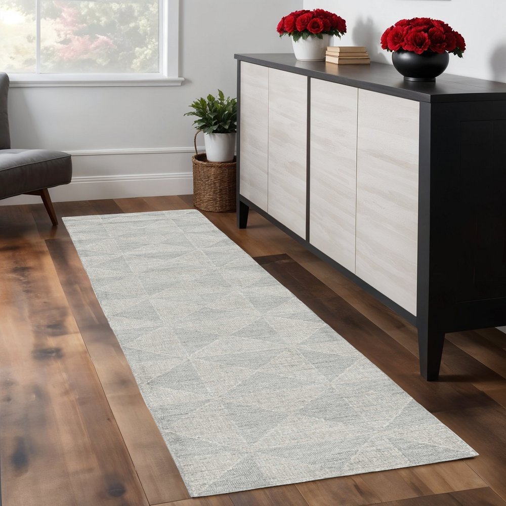 8' Gray And Light Gray Wool Geometric Hand Tufted Runner Rug