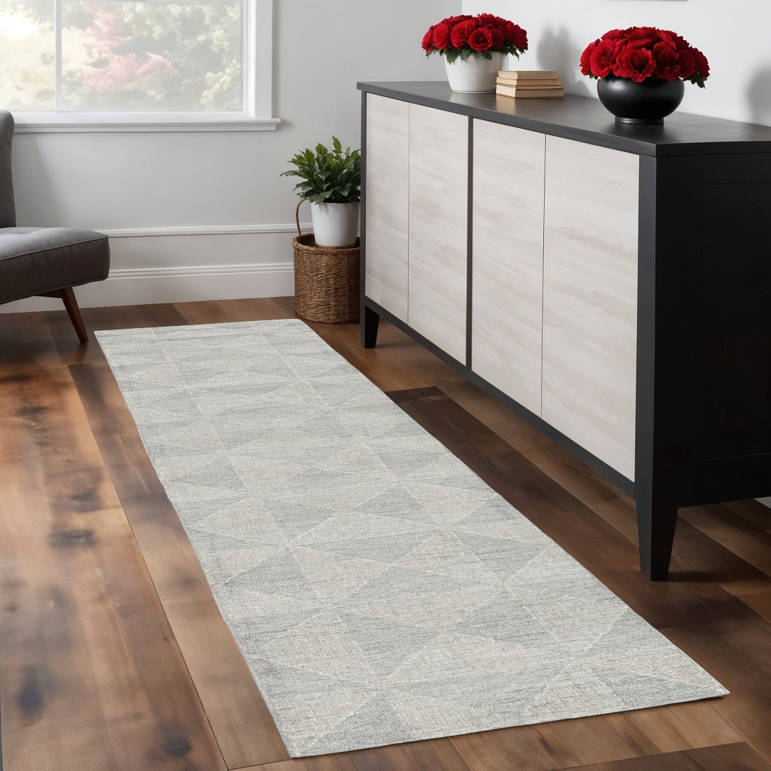 8' Gray And Light Gray Wool Geometric Hand Tufted Runner Rug