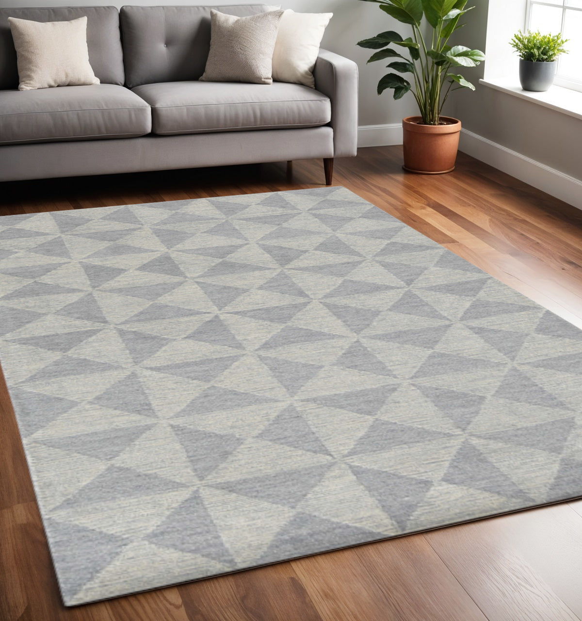 8' Gray And Light Gray Wool Geometric Hand Tufted Runner Rug