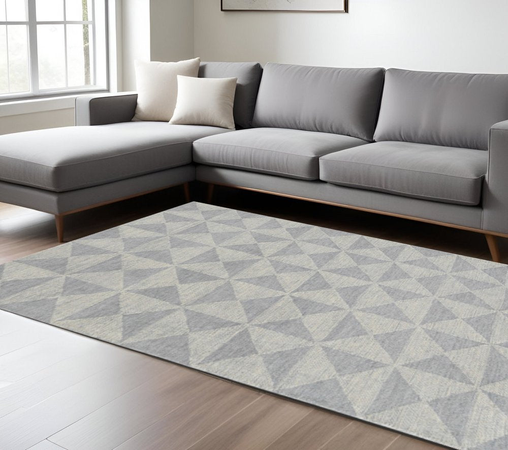 8' Gray And Light Gray Wool Geometric Hand Tufted Runner Rug