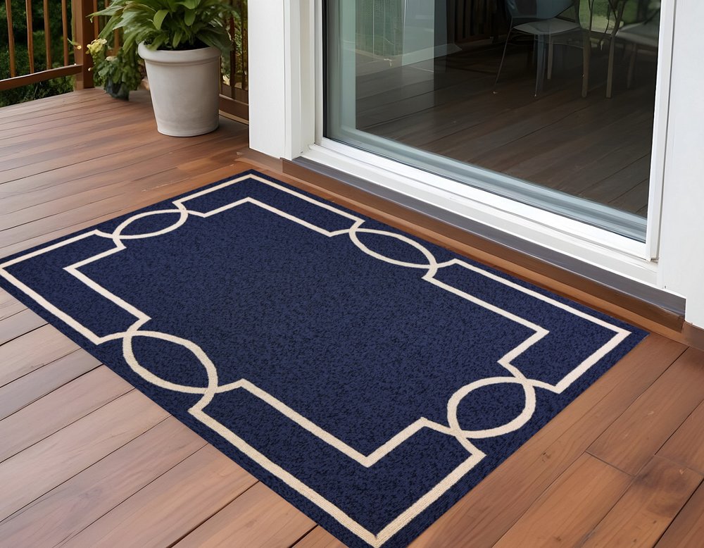 7' Blue And Ivory Round Geometric Handmade Indoor Outdoor Area Rug