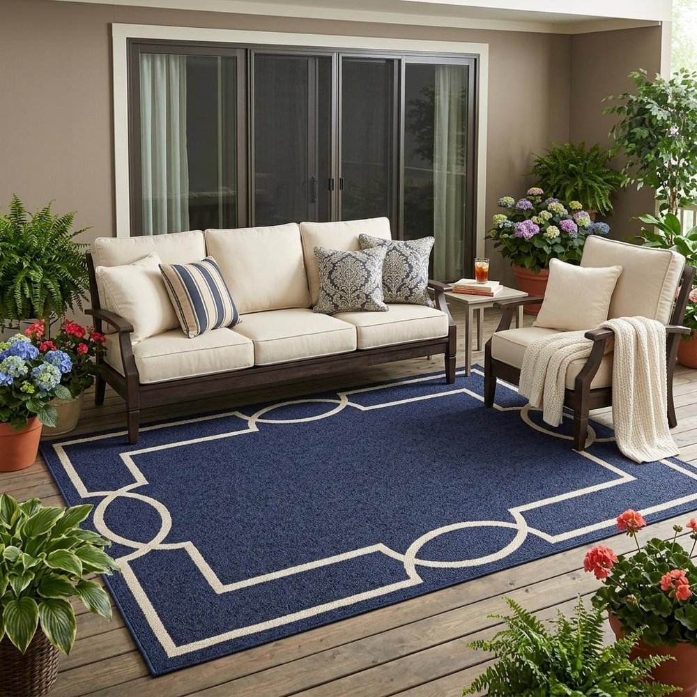 7' Blue And Ivory Round Geometric Handmade Indoor Outdoor Area Rug